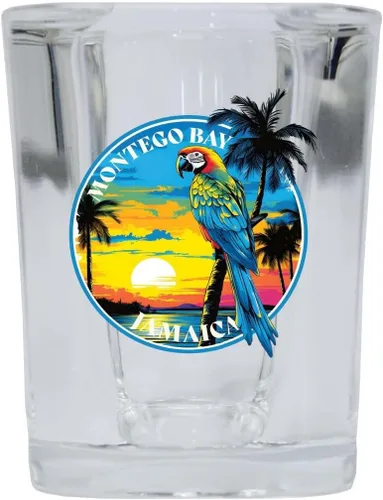 Vista 4 de Montego Bay Jamaica Design A Souvenir - Vaso de chupito cuadrado de 2.5 onzas, base azul, paquete de 2