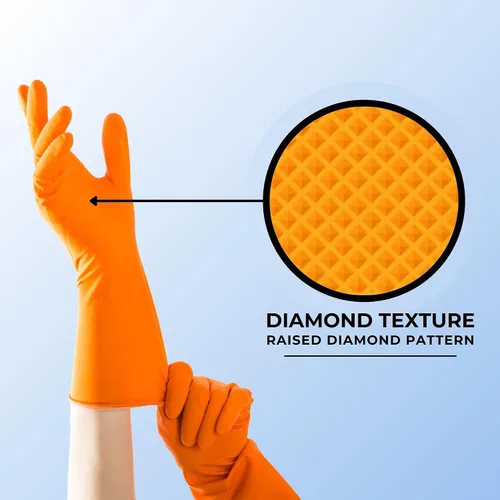 Vista 4 de HandCare - Guantes desechables de nitrilo naranja de 8 mil, sin látex, agarre texturizado de diamante para uso mecánico, trabajo y limpieza