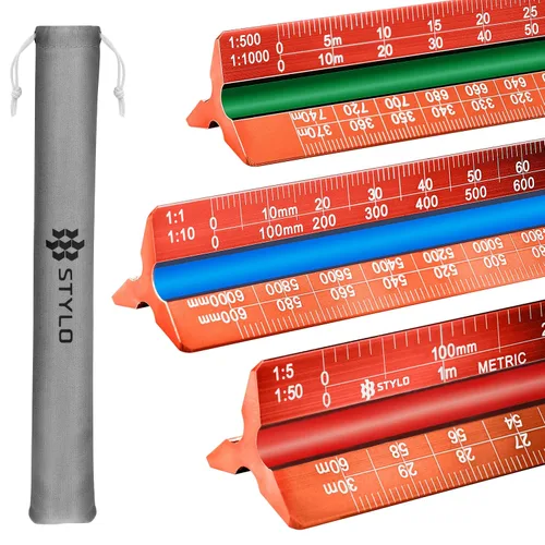 Vista 16 de Stylo Regla de escala de arquitecto de aluminio de 12" con grabado láser, regla triangular de dibujo, ranuras codificadas por color para planos, Gris