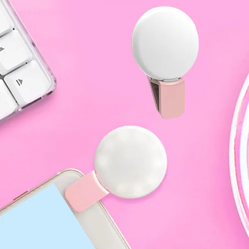 Vista 3 de Luz LED para selfie con clip, 3 niveles de luz ajustable, iluminación flash USB recargable para selfies, grabación de video, maquillaje rosa