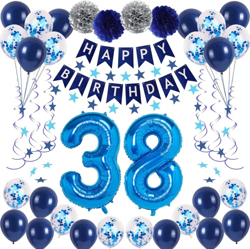 Vista 14 de Decoraciones de fiesta de cumpleaños azul número 29 para hombres y mujeres, suministros de globos de feliz cumpleaños 29 con pancarta de feliz