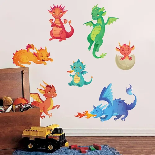 Vista 6 de Calcomanías de pared de dragón grande, calcomanías de pared de dinosaurios 3D de dibujos animados, calcomanías de pared de dinosaurios de dragón