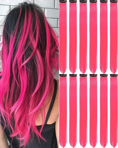 Vista 18 de 12 extensiones de cabello negro con clip, extensiones de cabello de color de 22 pulgadas, extensiones de cabello sintético largo y lacio para mujer