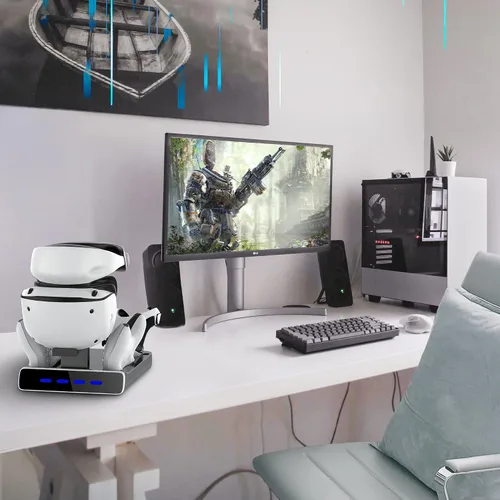 Vista 7 de Base de carga de controlador 3 en 1 para PSVR2 y PS5, pantalla de soporte de realidad virtual con luz LED, base de almacenamiento PS5 VR2