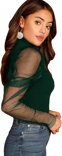 Vista 3 de Blusa Romwe para mujer, con mangas bombachas de red, cuello alto, ajustada, para fiesta