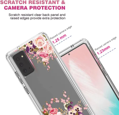 Vista 2 de Funda para Galaxy Note 20 5G, SM-N981U con protector de pantalla de vidrio templado, carcasa de cuerpo completo con diseño floral transparente