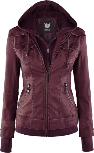 Vista 43 de Lock and Love Chaqueta Abrigo de Moto Motociclista de Piel Sintética para Mujer con Capucha Extraíble o No Extraíble Wjc1044_negro