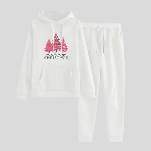 Vista 2 de Comigeewa Chándal dos piezas estampado navideño letras sudadera con capucha y cordón manga larga conjuntos de pantalones