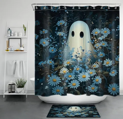 Vista 47 de HVEST Cortina de ducha con ganchos, calabaza espeluznante y fantasma con sombrero de bruja negro, juego de cortina de ducha naranja con flores