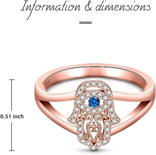 Vista 2 de Hamsa - Anillo para el mal de ojo para mujer, anillo de plata de ley con mano de Fátima, oro rosa, protección espiritual de la buena suerte, amuleto