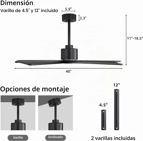 Vista 4 de WINGBO - Ventilador de techo DC de 48" sin luz - 5 aspas de madera maciza talladas, motor DC reversible de 6 velocidades, ventilador de techo sin