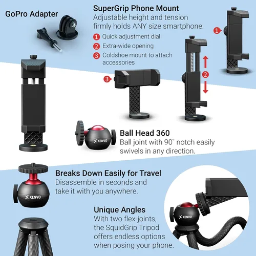 Vista 3 de Xenvo SquidGrip - Trípode flexible para teléfono celular y soporte portátil para cámara de acción, compatible con iPhone, GoPro, Android, Samsung