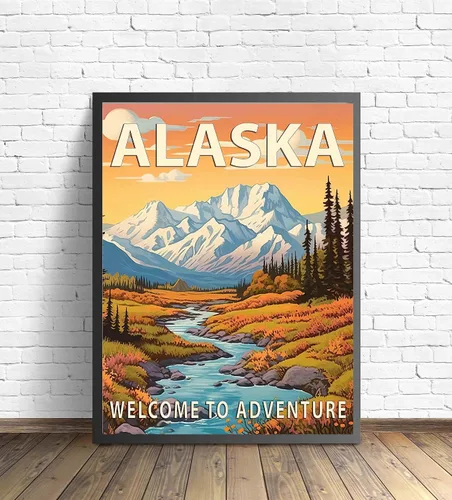 Vista 4 de Póster artístico de Alaska, decoración artística de paisaje retro de Estados Unidos, pintura de montaña y paisaje de aventura para dormitorio, sala