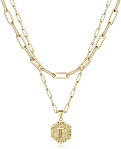 Vista 59 de M MOOHAM - Delicado collar de oro para mujer, de 14 quilates, en capas, lindos collares con letra hexagonal con inicial para mujer, regalos