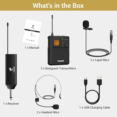 Vista 9 de TONOR Sistema de micrófono inalámbrico UHF con micrófonos de auriculares duales/micrófonos de solapa Lavalier, transmisores de cuerpo, receptor