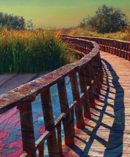 Vista 4 de Lucid Eye Cartel de estanque de fusión, Póster de puente psicodélico, Arte de pared de paisaje trippy, Póster colorido, Diseño de atardecer de neón