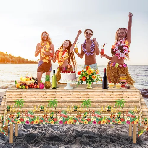 Vista 7 de Mantel hawaiano Luau de 3 piezas, mantel para fiesta de Tiki tropical, mantel rectangular desechable de plástico para Tiki Bar Tropical, verano