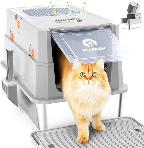 Vista 10 de Caja de arena de acero inoxidable con tapa, caja de arena metálica cerrada anti-fugas, bandeja de arena para gatos extra grande con tapa abatible