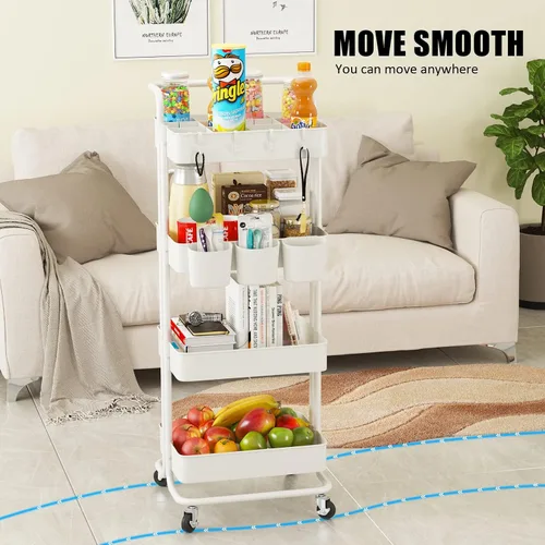 Vista 3 de Devo Carrito con ruedas de 4 niveles, carrito de almacenamiento resistente, con asa, 4 ganchos laterales, 2 tazas de almacenamiento y ruedas