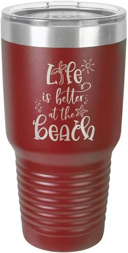 Vista 11 de La vida es mejor en la playa, vaso grabado de 76 ml con paja y tapa superior deslizante de acero inoxidable taza de viaje de acero inoxidable