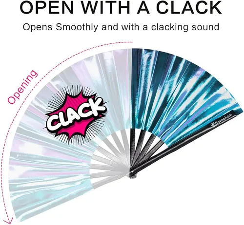 Vista 5 de Ventilador grande para rave, ventilador de mano plegable Clack con tela de primera calidad, marco de bambú grueso para hombres y mujeres, regalo
