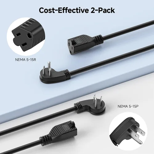 Vista 6 de [Listado UL] Cable Matters - Paquete de 2 cables de extensión de enchufe plano de perfil bajo, 1 pie Enchufe de perfil bajo, NEMA 5-15P a 5-15R