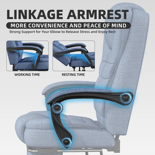 Vista 9 de Silla de juegos con reposapiés, silla de oficina ergonómica reclinable de 90° a 150°, silla de escritorio ajustable con reposabrazos de Tela azul