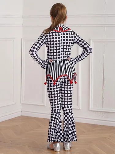 Vista 5 de JEATHA Disfraz de payaso para niños y niñas, diseño de rayas y lentejuelas, pantalones acampanados para Halloween