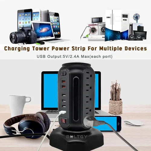 Vista 6 de Estación de carga rápida total de enchufe plano, protector con 15 salidas de CA y 6 puertos USB (2 de carga rápida), regleta de alimentación
