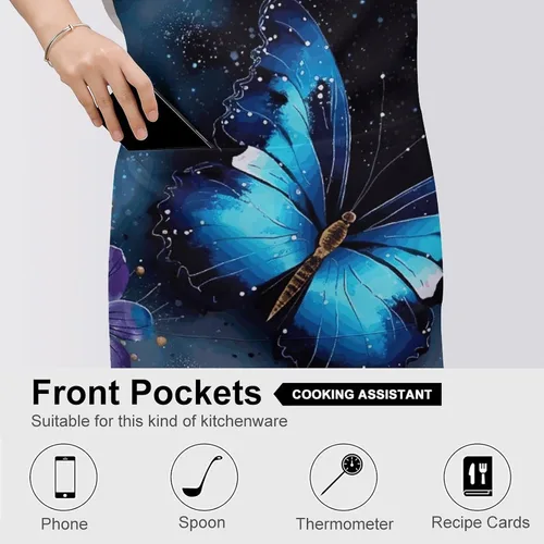 Vista 5 de Personalized Galaxy Blue Butterfly Adult Apron, Kitchen Cooking Aprons for Woman Man, Adjustable Bib Apron with Pocket for Baking, BBQ Crafting