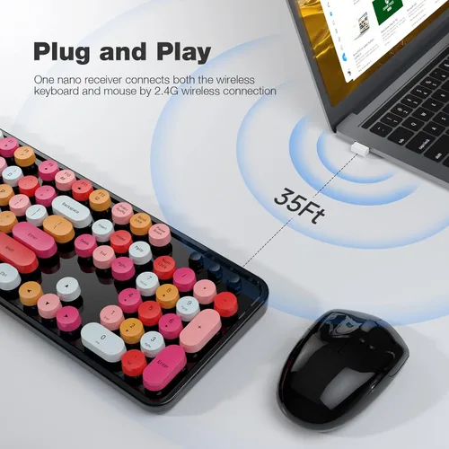 Vista 2 de Combo de teclado y mouse inalámbrico, MOWUX, teclado inalámbrico de tamaño completo para computadora de 2.4G, colorido, plug and play, teclado