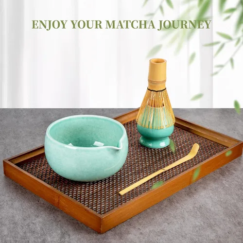 Vista 7 de YIBO Matcha Whisk Set, Matcha Kit Bamboo Whisk and Ceramic Bowl with Spout & Measuring Spoon & Cup, Japanese Ceremony Matcha Tea Making Tools Blue
