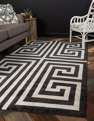 Vista 2 de Unique Loom Athens Collection - Alfombra clásica geométrica moderna con diseño de bordes, 3 pies 3 pulgadas x 5 pies 3 pulgadas, negro/beige negro