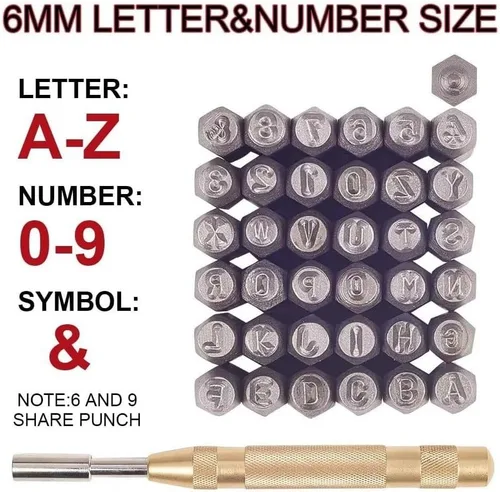 Vista 4 de Juego de herramientas de estampado de metal, 38 piezas, número de letras y símbolos, juego de punzonado automático de 0.118 in o estampado de metal