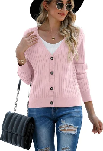 Vista 3 de Cárdigan de manga larga para mujer, cárdigan con botones al frente abierto para mujer, suéteres casuales de invierno y otoño