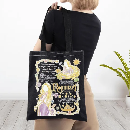 Vista 5 de BWWKTOP Bolso de mano de princesa Regalos de princesa Bolso de hombro de lona de princesa de pelo largo Bolsa de compras de princesa de cuento