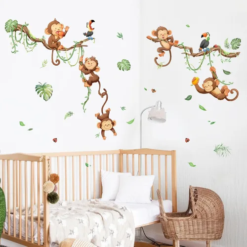 Vista 4 de Calcomanías de pared de árbol trepador de mono, animales de la selva y hojas de vid, calcomanías de pared para guardería, habitación de los niños