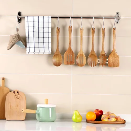 Vista 5 de Utensilios de cocina de madera, 6 piezas de cucharas de madera de acacia natural para cocinar con diseño antiadherente y resistente al calor, juego