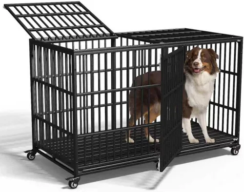 Vista 5 de Jaula de perro resistente de 64 pulgadas para perros indestructible, jaula de alta ansiedad con puertas dobles para razas gigantes extra grandes