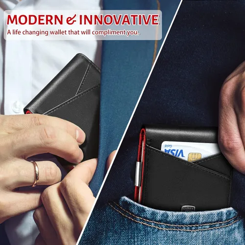 Vista 65 de GSOIAX Cartera delgada de cuero plegable RFID para hombre, billetera minimalista con bolsillo frontal con clip para dinero, 12 ranuras para Negro