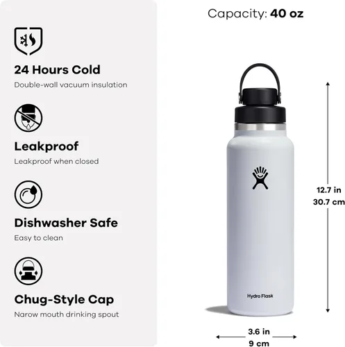 Vista 2 de Hydro Flask Botella de agua – Acero inoxidable aislado – Tapa de boca ancha para chug, antiderrames, a prueba de fugas en rocío de 40 onzas Dew