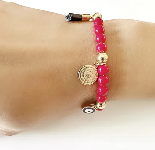 Vista 3 de Pulsera de cuentas de cristal rojo de San Benito con azabache auténtico y azul con protección contra el mal de ojo, M, Vidrio
