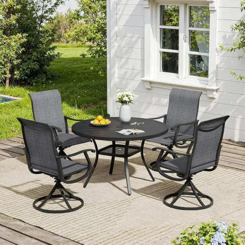 Vista 77 de VICLLAX Muebles pequeños de exterior de 3 piezas, 2 sillas giratorias de patio y mesa redonda pequeña para 2, sillas de carbón oscuro y negro
