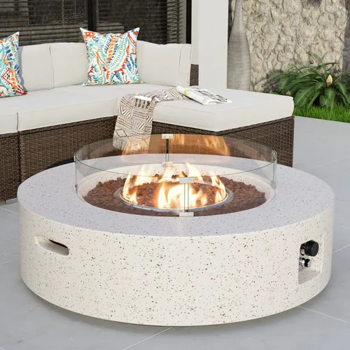 Vista 18 de COSIEST mesa cuadrada de propano para exteriores de arenisca con protector contra el viento, certificada, quemador de acero inoxidable de 50,000