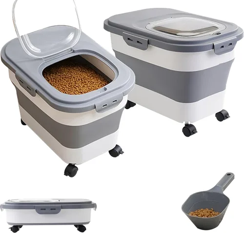 Vista 8 de SEWIU Contenedor de Almacenamiento de Comida para Perros 2pack*20LB, Contenedor Plegable de Comida para Perros con Cuenco de Silicona de Viaje