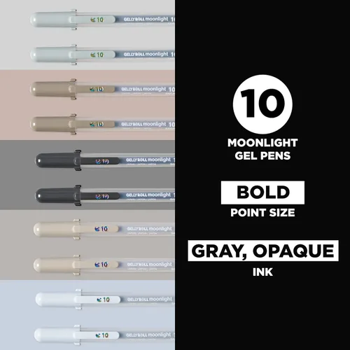 Vista 2 de SAKURA Gelly Roll Moonlight - 10 bolígrafos de gel, bolígrafo de tinta audaz para diario, arte o dibujo, tinta gris y opaca, línea gruesa, paquete