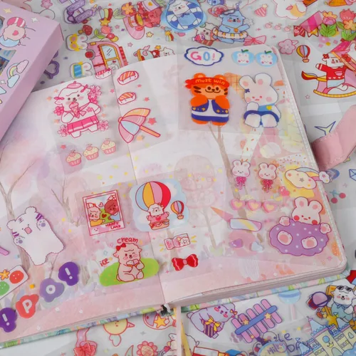 Vista 3 de Conjunto de calcomanías lindas de animales (100 hojas) - Kawaii transparentes de PET de dibujos animados decorativos para álbum de recortes, diario