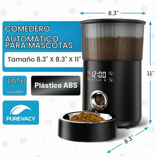Vista 2 de Comedero automático para gatos, comedero automático para mascotas de 4 litros para gatos y perros pequeños, dispensador de alimentos secos con negro