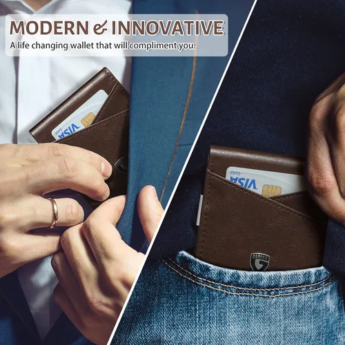 Vista 38 de GSOIAX Cartera delgada de cuero plegable RFID para hombre, billetera minimalista con bolsillo frontal con clip para dinero, 12 ranuras para Negro
