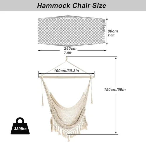 Vista 4 de Silla Hamaca, Máximo 330 Libras, Silla Colgante Grande, Silla Columpio de Cuerda de Algodón Suave con Varilla de Metal de Alta Capacidad de Carga